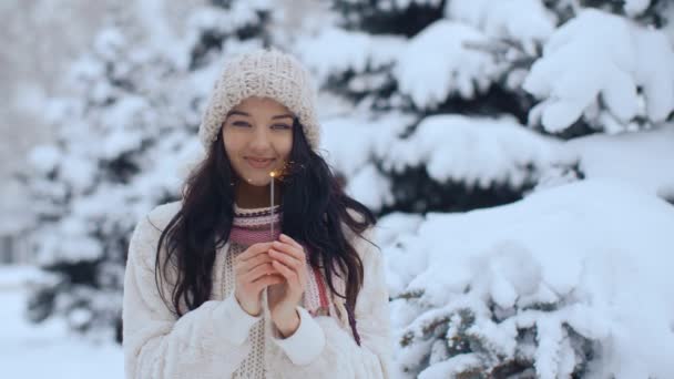 かこうを燃焼と冬の若い女性の肖像 . — ストック動画