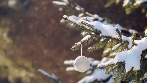 Hermoso árbol de Navidad con juguete hecho a mano en un parque — Vídeos de Stock