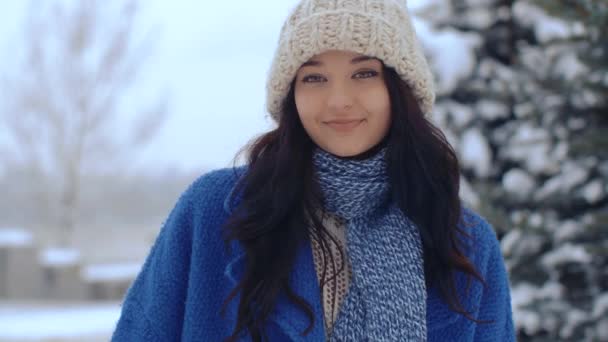 Mulher bonita está dançando em um parque de inverno . — Vídeo de Stock