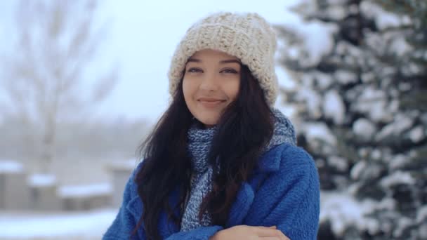 Jovem sorrindo mulher inverno retrato — Vídeo de Stock