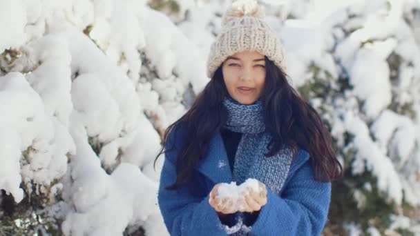 Menina feliz inverno brincando com neve no parque ao ar livre — Vídeo de Stock