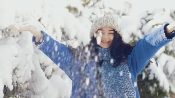 Fröhliches Wintermädchen spielt im Park im Freien mit Schnee — Stockvideo