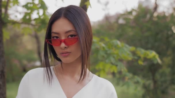Мода азиатская модель портрет с творческим стильный макияж на открытом воздухе — стоковое видео