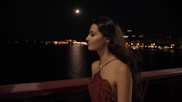 Beautiful tourist woman in night city — Stock Video