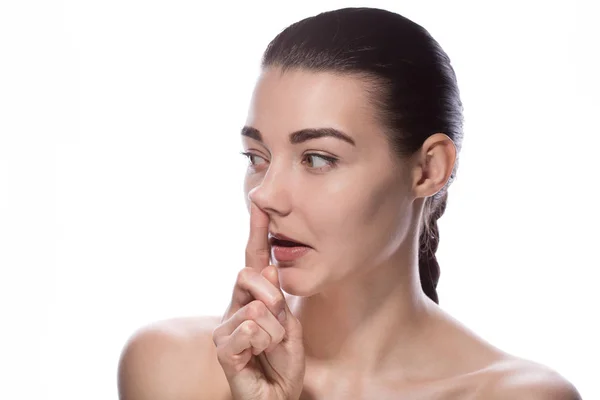 Woman Picks Her Nose Finger. Embarrassment — Stock Photo, Image