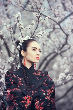 Sakura 'da kırmızı kimonolu geyşa.