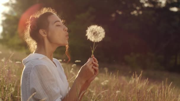 Bela jovem sopra dente-de-leão em um campo de trigo no pôr-do-sol de verão. Conceito de beleza e verão — Vídeo de Stock