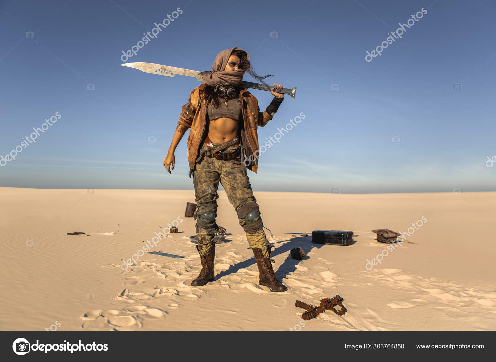 Post-apocalyptic Woman Outdoors in a Wasteland Stock Photo by