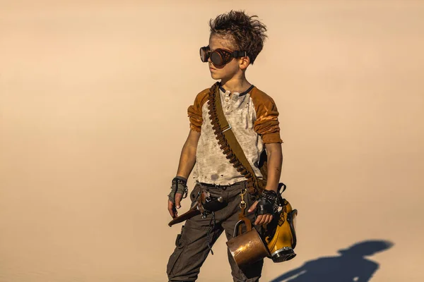 Post Apocalyptic Boy Outdoors in Desert. — Stock Photo, Image