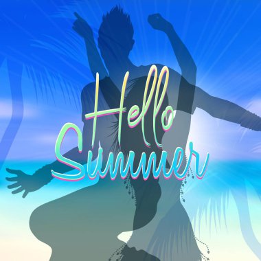 Yaz temalı arka plan bulanık plaj sahne ve insan siluetleri dans ile