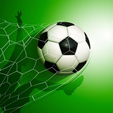 Futbol futbol topu gol ile bir oyuncu silueti net içine arka plan üzerinde uçan