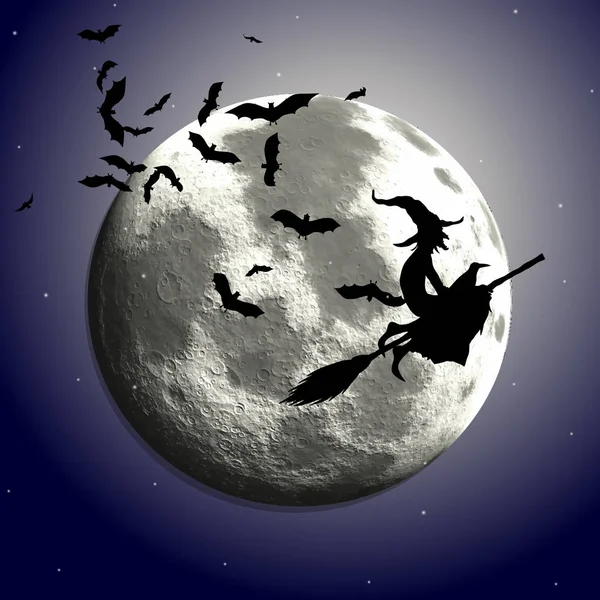 Halloween Sfondo Con Strega Volante Contro Cielo Chiaro Luna — Vettoriale Stock