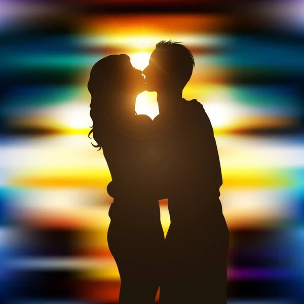 Silhouette Eines Küssenden Paares Auf Wunderschönem Stadtbeleuchtungshintergrund — Stockvektor