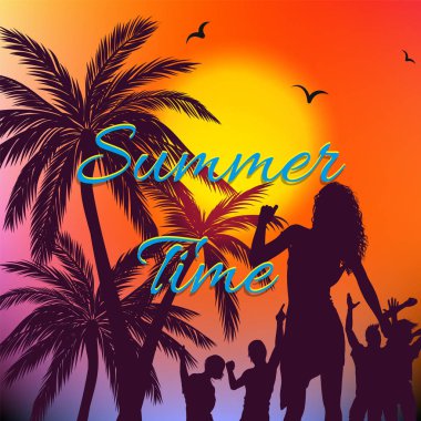 Palmiye ağaçları ve dans insanlar silh ile yaz temalı arka plan