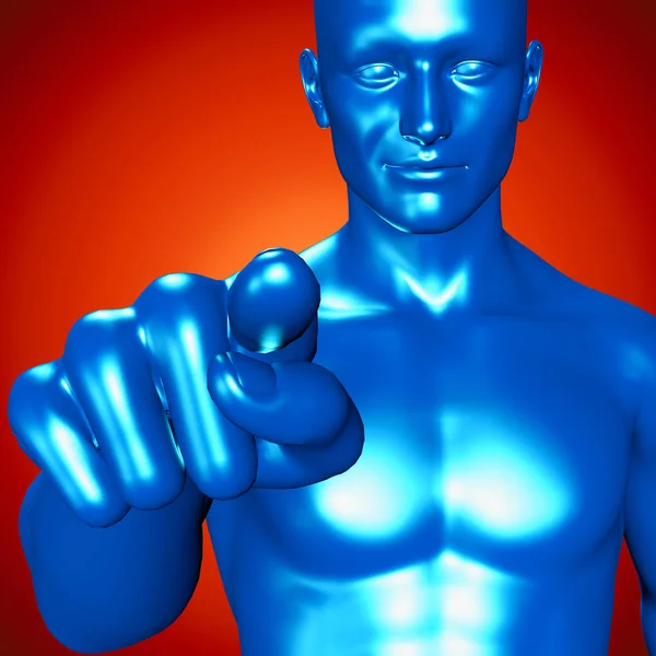 3d illustration of a blue man pointing with her finger — Stock Photo, Image