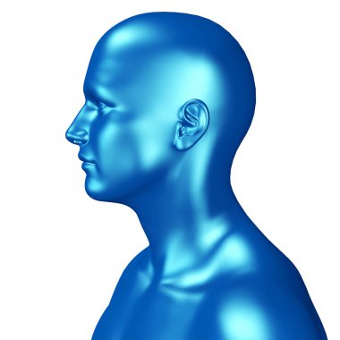 Beyaz arka planda izole edilmiş mavi erkek kafasının 3D çizimi