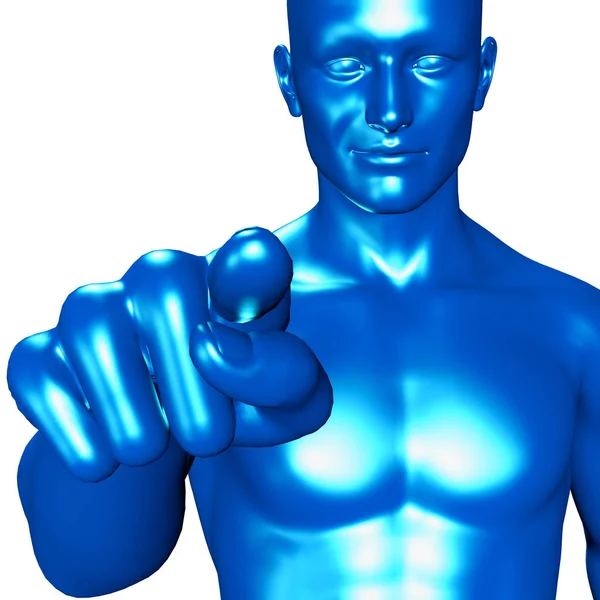 3d иллюстрация синего человека, указывающего пальцем — стоковое фото