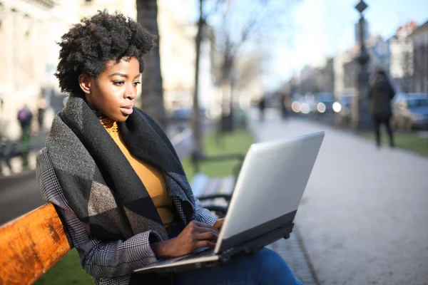 Onu laptop ile bir bankta oturmuş ve şehirde çalışıyor genç güzel Afro kadın.