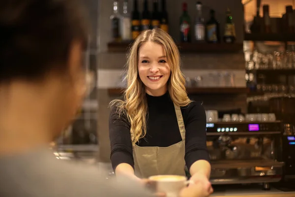 Unga Vackra Blonda Servitrisen Som Betjänar Kund Bar Och Ler — Stockfoto