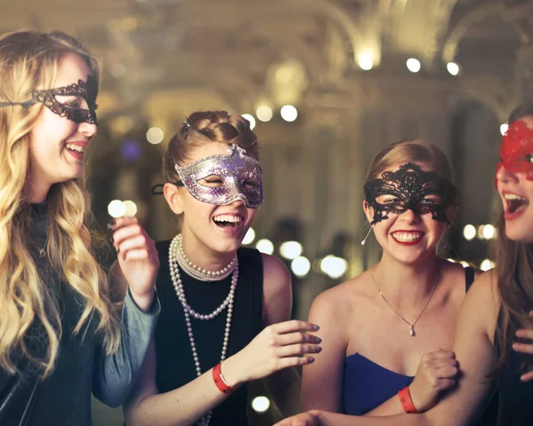 Group Female Friends Enjoying Costume Party Having Fun — Stock Photo, Image