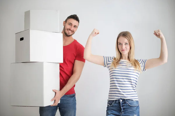 Young Happy Man Paper Boy Young Beautiful Woman Showing Her — Stock Photo, Image