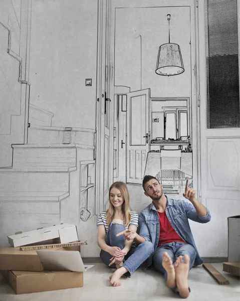 Young Couple Sitting Home Thinking Solutions — Stock Photo, Image