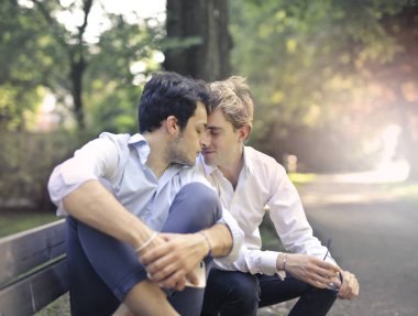 Gay couple sharing an intimate moment in a park on a sunny day. clipart