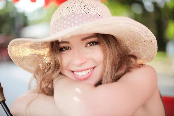 Smiling Young Teenager Straw Hat Summer Day — Stock Photo, Image
