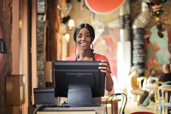Young Beautiful Afro Woman Cashier Smiling Counter — Stock Photo, Image