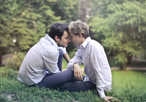 Pareja Gay Compartiendo Momento Íntimo Sentado Hierba Parque —  Fotos de Stock