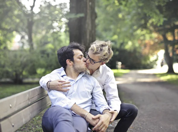 Gay couple kissing on a bench in a park.