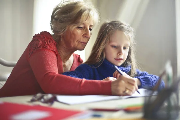 Grandmother Helping Her Granddaughter Her Homework — Stock Photo, Image