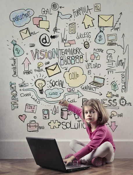 Little Girl Using Laptop Sketching Ideas Wall — Stock Photo, Image