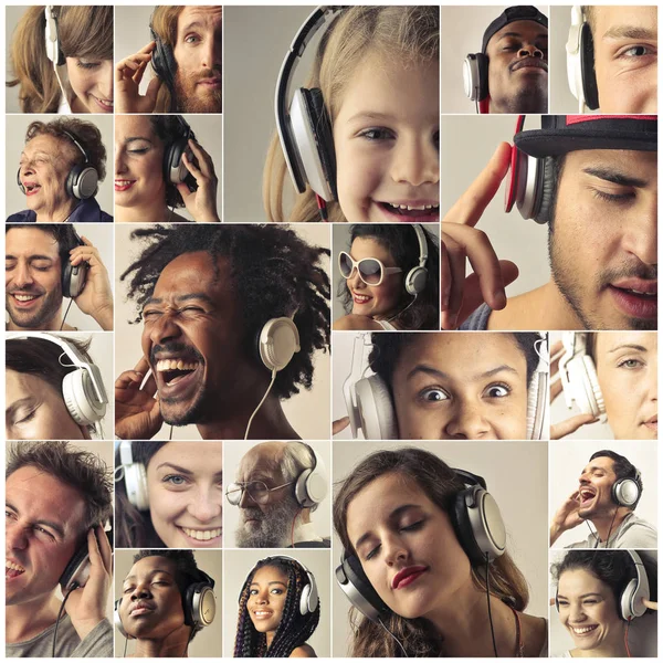 音楽を聴くヘッドフォンを持つ異なる人々のコラージュ — ストック写真