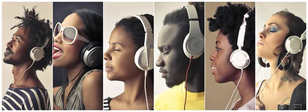Collage of young people with headphones listening to music.