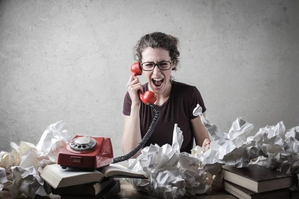 Busy Young Woman Glasses Yelling Phone Stressed Out — Stock Photo, Image