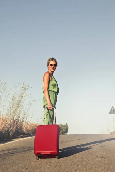 Blonde Woman Her Travel Suitcase Countryside — Stock Photo, Image