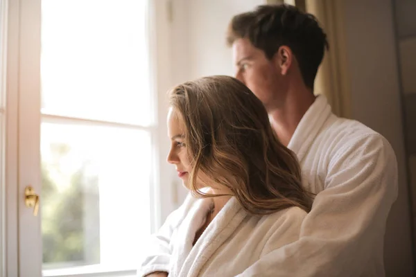 Young Couple Enjoying Each Other Company Hotel Room — Stock Photo, Image