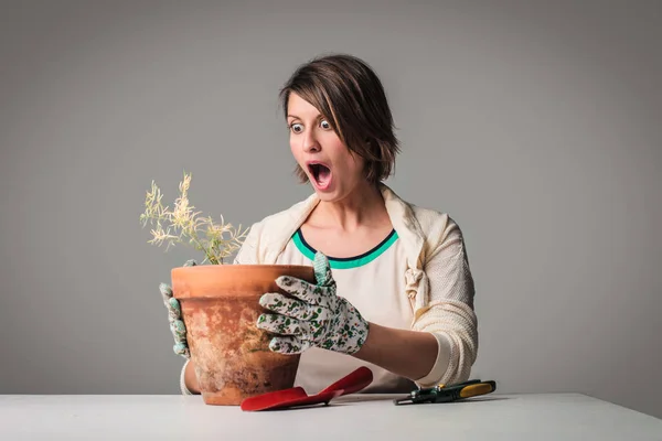 Woman Raising Flowers Surprised Face Expression — Stock Photo, Image