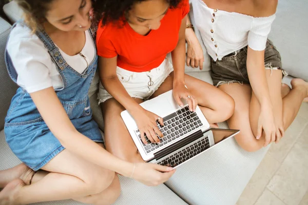 Three Young Woman Watching Laptop — Stock Photo, Image
