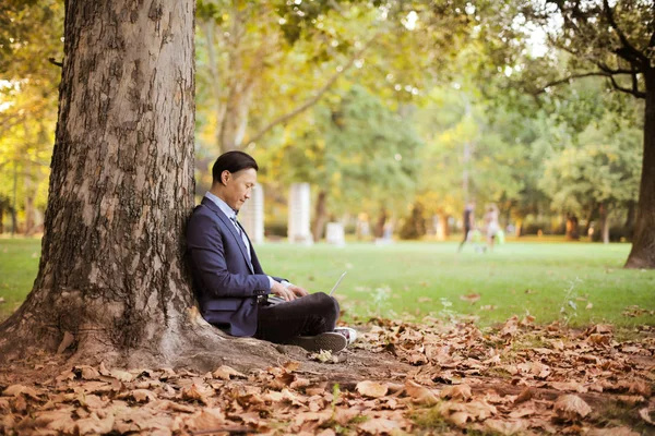 Ασιατικές Επιχειρηματίας Laptop Κάθεται Στο Πάρκο — Φωτογραφία Αρχείου