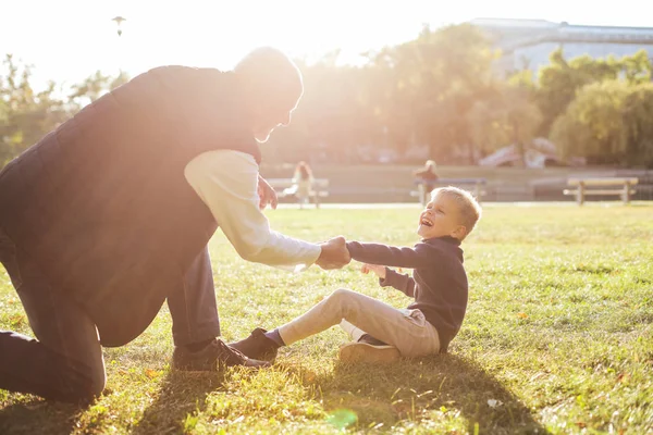 Grandfather Grandson Playing Outdoor Each Other — Stock Photo, Image