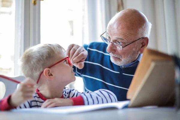 Abuelo Nieto Jugando Estudiando Juntos —  Fotos de Stock