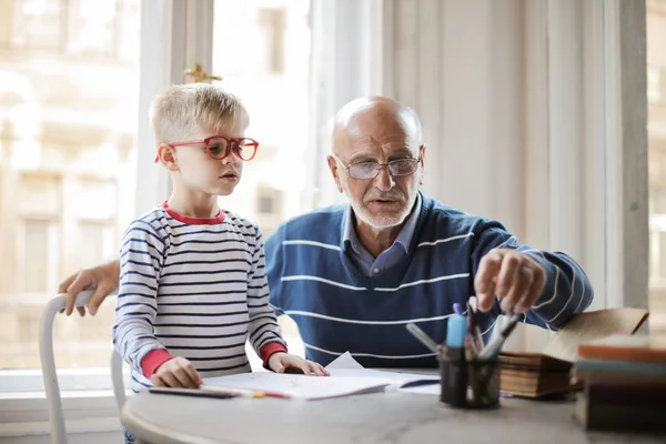 Grand Père Petit Fils Étudient Ensemble — Photo