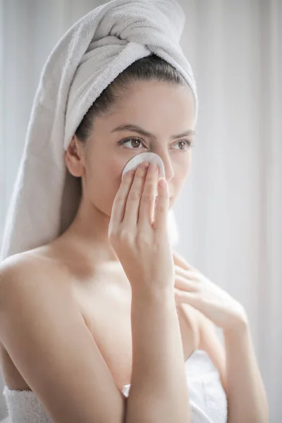 Young Brunette Woman Bathrobe Cleaning Her Face — Stock Photo, Image