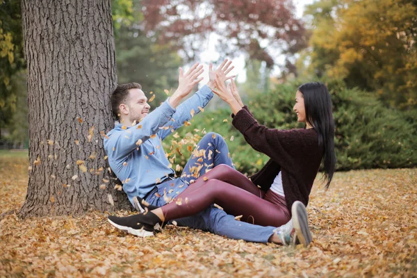 Beautiful Young Multicultural Couple Having Fun Wood — Stock Photo, Image