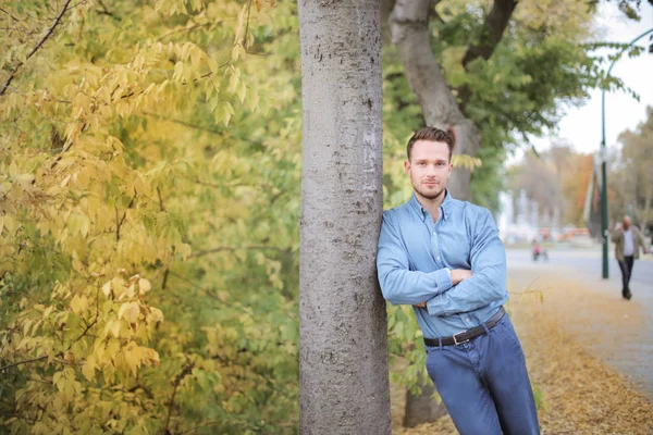 Przystojny Młody Człowiek Stojąc Poza Drzewem Drewno Jesień — Zdjęcie stockowe