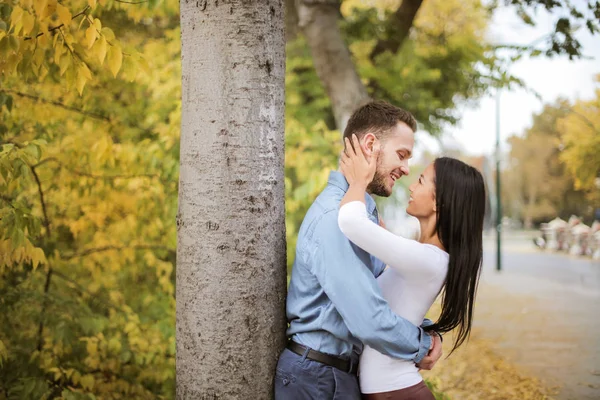 Bela Jovem Casal Multicultural Abraçando Beijando Uns Aos Outros — Fotografia de Stock