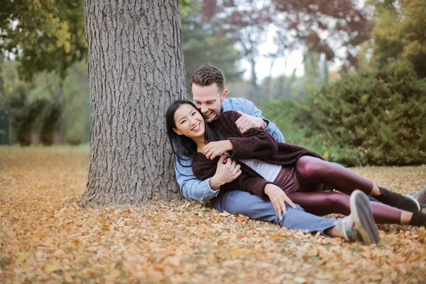 Young Beautiful Couple Having Fun Embracing Each Other Wood — Stock Photo, Image