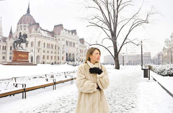 Ragazza Bionda Una Giornata Nevosa — Foto Stock